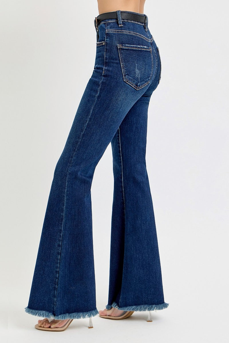 Hazel Blues® |  RISEN Tummy Control Frayed Hem Flare Jeans