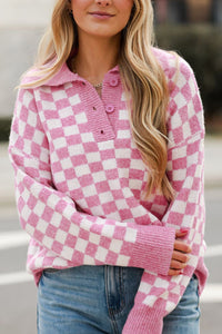 Hazel Blues® |  Checkered Collared Neck Long Sleeve Sweater