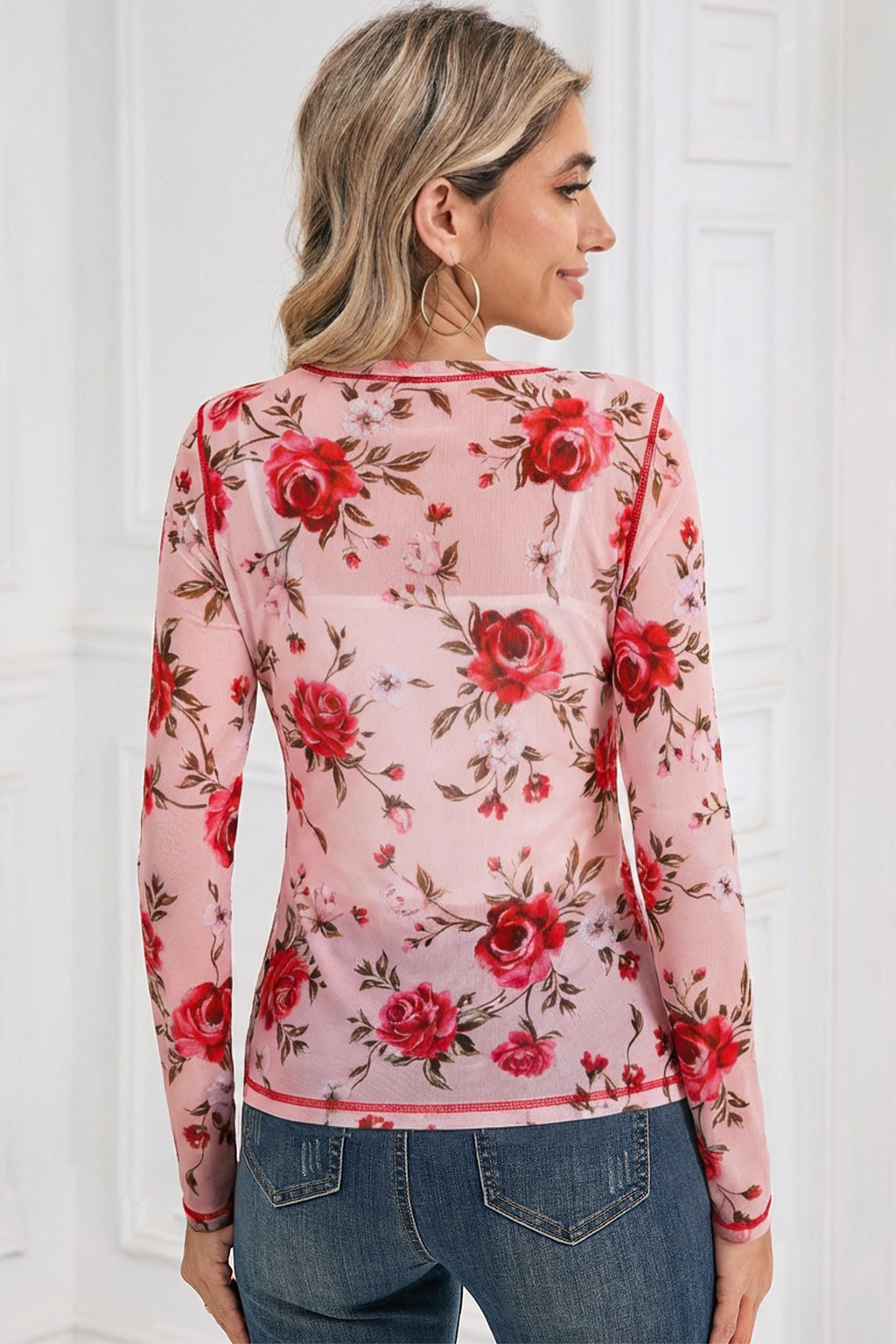Exposed Seam Floral Print Detail Mesh Long Sleeve Top | Floral Long Sleeve Mesh Top