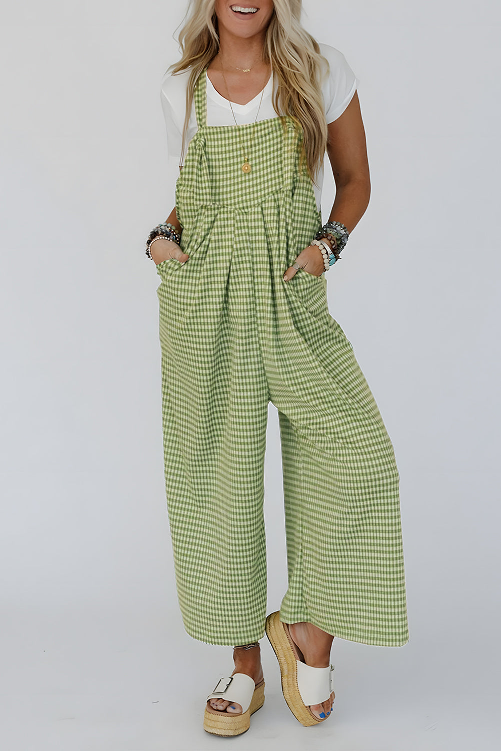 Hazel Blues® |  Green Gingham Wide Leg Loose Overall with Pockets