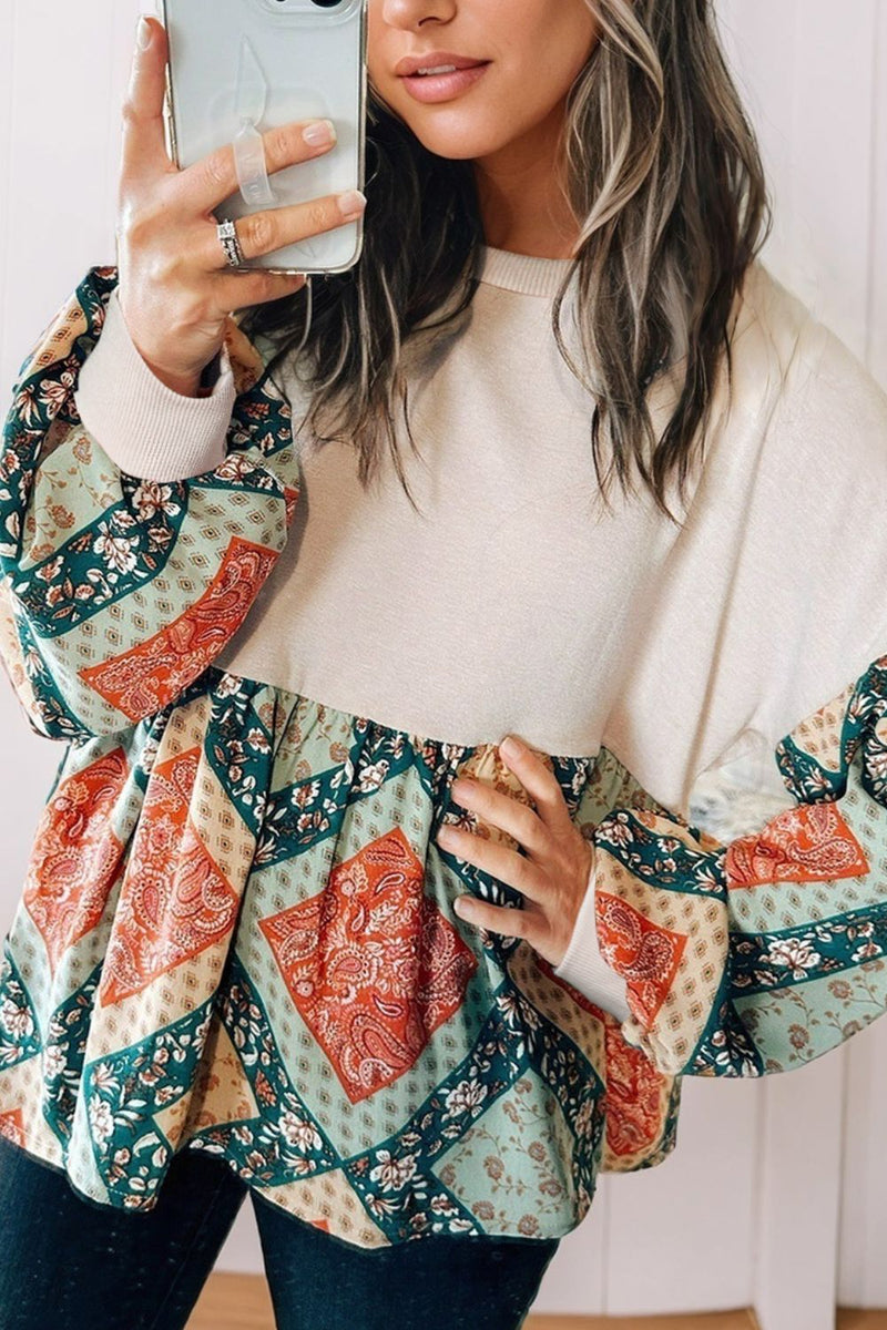 Hazel Blues® |  Printed Round Neck Long Sleeve Blouse