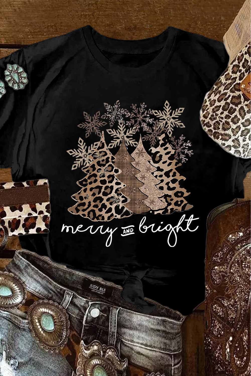 Hazel Blues® |  Black Leopard Christmas Tree Graphic Crew Neck T Shirt