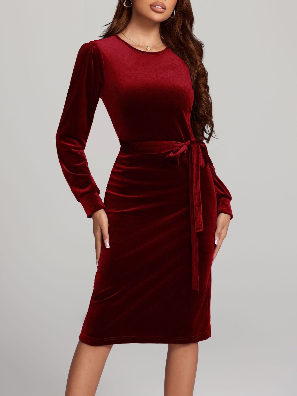 Hazel Blues® |  Round Neck Tie Waist Long Sleeve Velvet Dress