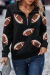 Hazel Blues® |  Black Sequin Football Patched Quarter Zip Textured Sweatshirt