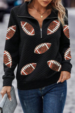 Hazel Blues® |  Black Sequin Football Patched Quarter Zip Textured Sweatshirt