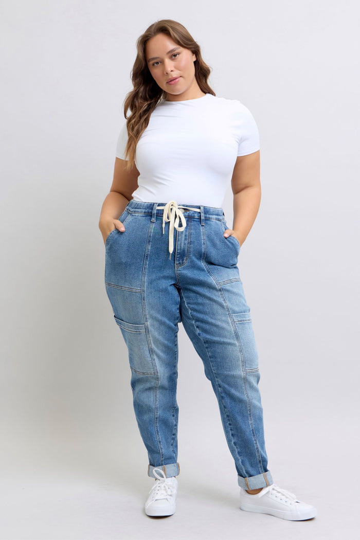 Hazel Blues® |  Clayton High Rise Cuffed Cargo Denim Jogger