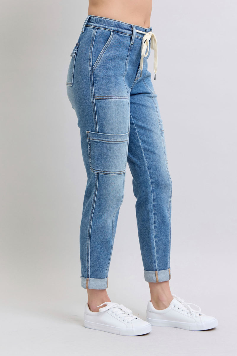 Hazel Blues® |  Clayton High Rise Cuffed Cargo Denim Jogger