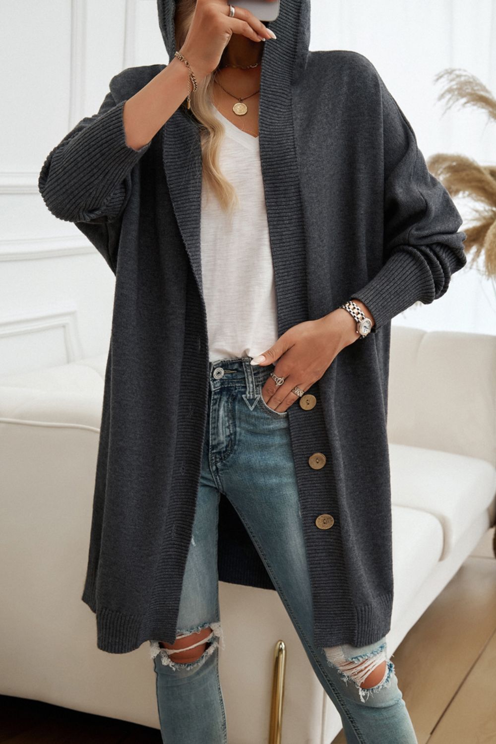 Hazel Blues® |  Button Up Long Sleeve Hooded Cardigan