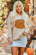 Hazel Blues® |  Khaki Halloween Leopard Pumpkin Graphic Corded Sweatshirt