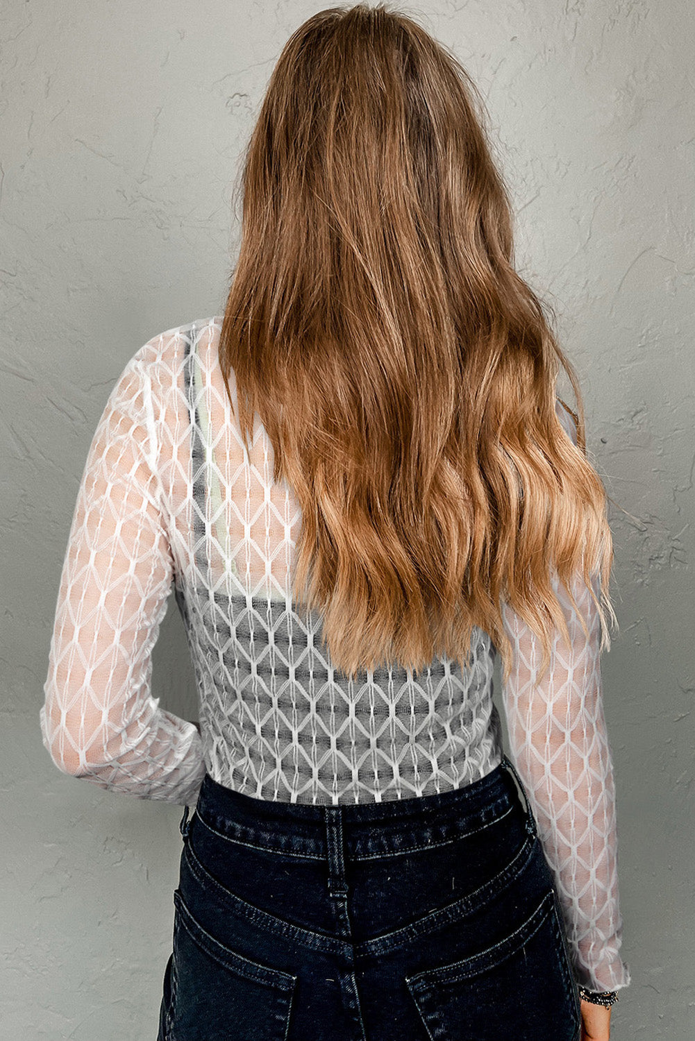 Hazel Blues® |  Beige Sheer Mesh Patterned Lettuce Trim Slim Long Sleeve Top
