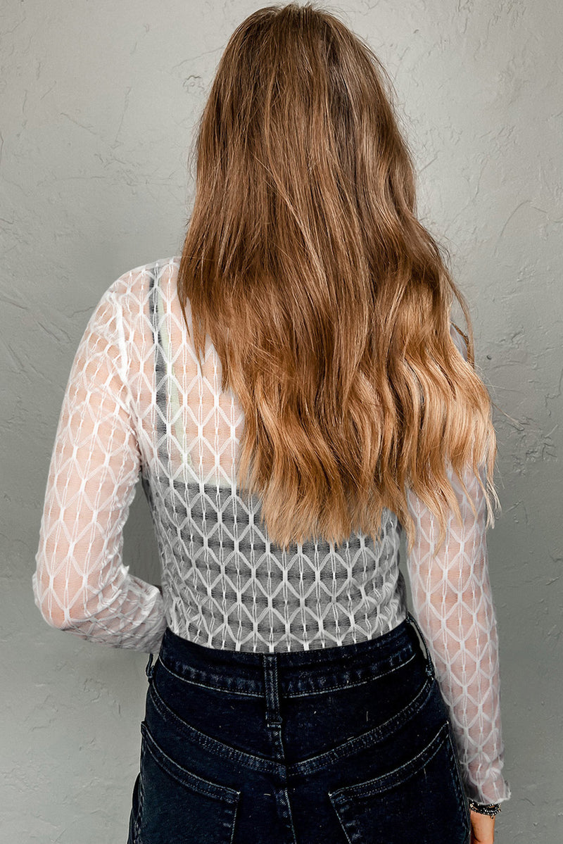 Hazel Blues® |  Beige Sheer Mesh Patterned Lettuce Trim Slim Long Sleeve Top