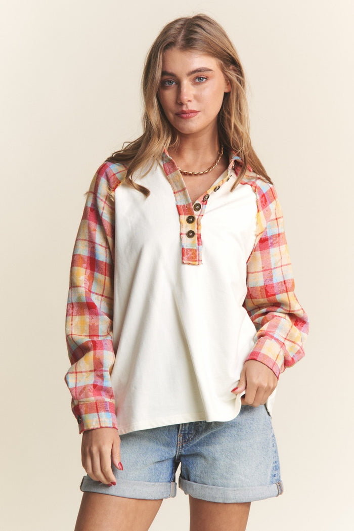 Hazel Blues® |  J.NNA Plaid Contrast Button Down Henley Top