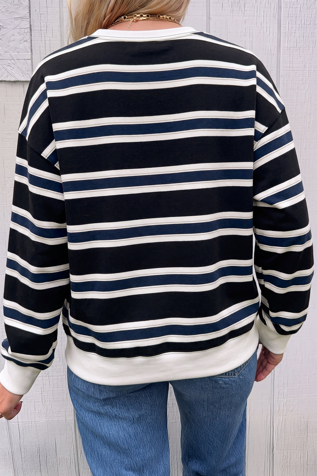 Blue Stripe Color-Block Trim Sweatshirt