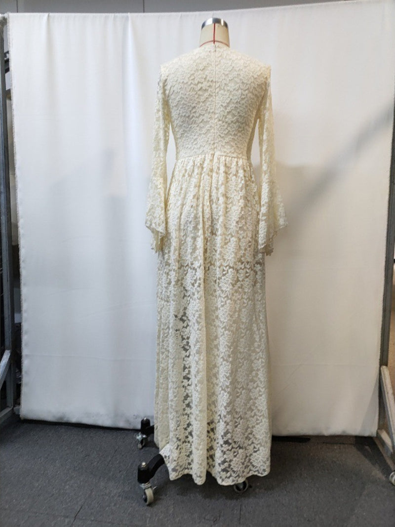chinese dress ladies Victorian Corded Lace Deep V Button Maxi Dress