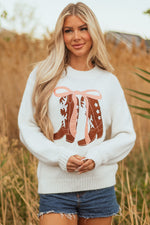 Hazel Blues® |  White Embroidered Bow Boots Graphic Drop Shoulder Sweater