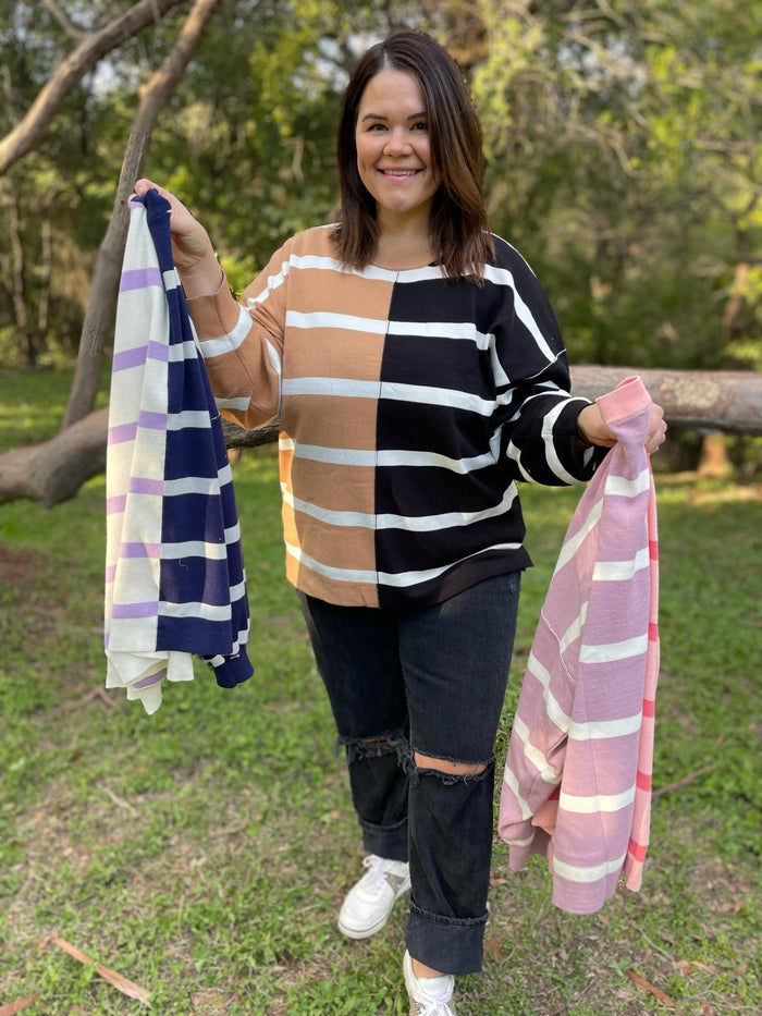 Hazel Blues® |  PREORDER: Exceptional Thought Striped Patchwork Sweater in Three Colors