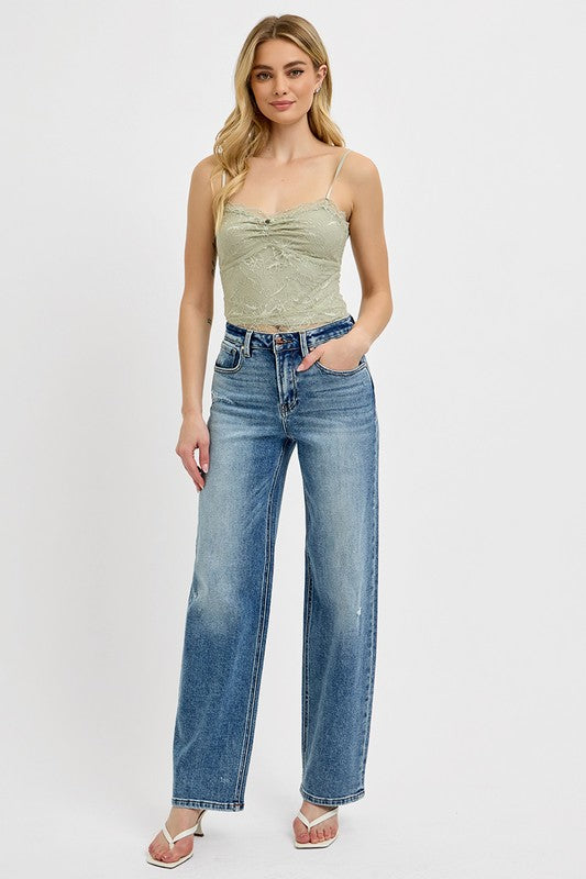 Hazel Blues® | RISEN Distressed Wide Leg Jeans