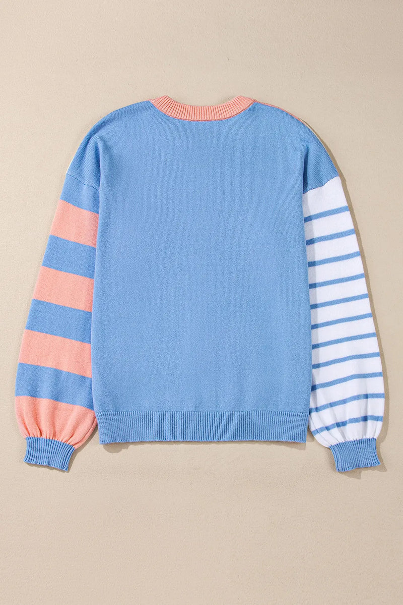 Hazel Blues® |  Contrast Striped Round Neck Long Sleeve Sweater