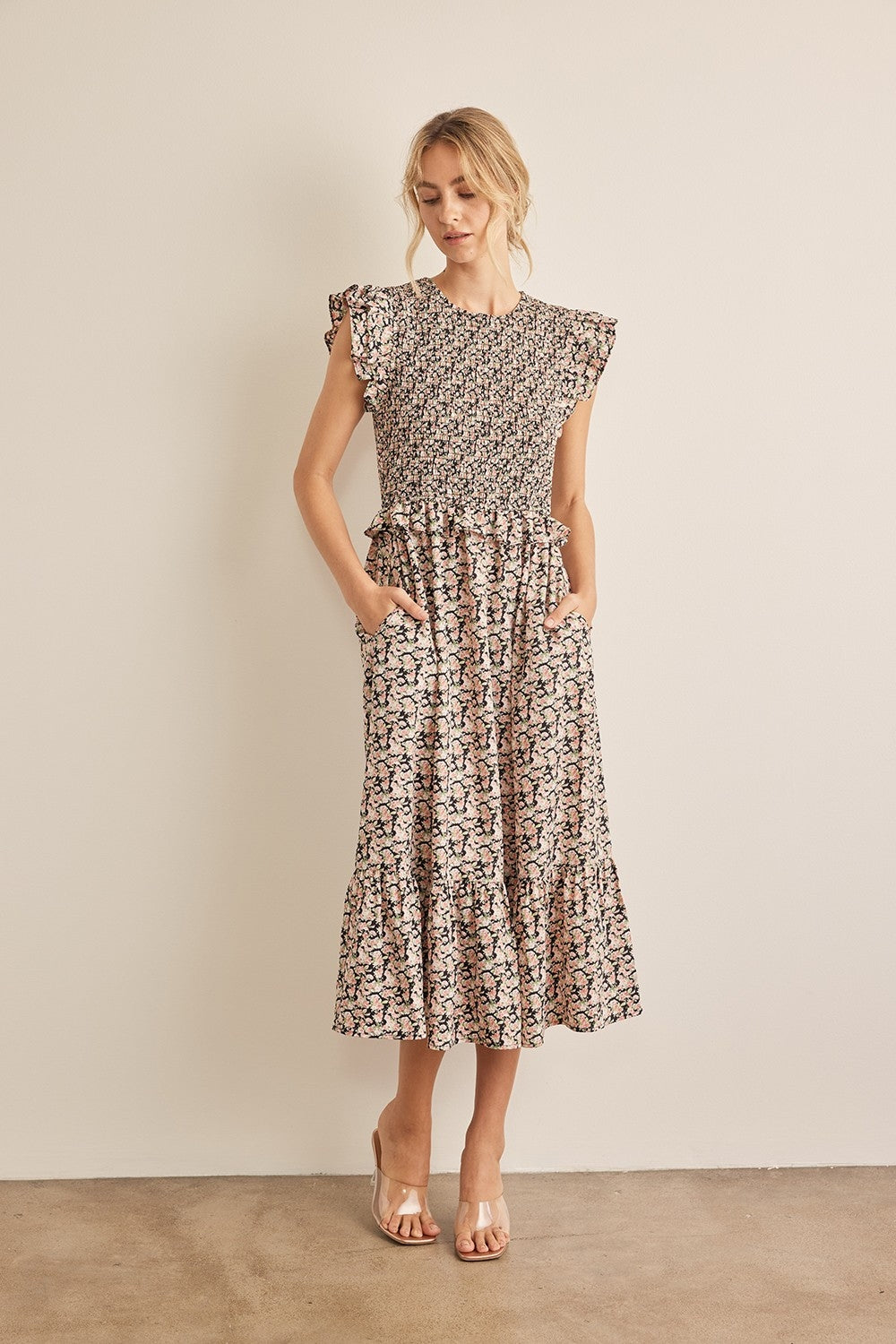 Hazel Blues® |  In February Floral Smocked Ruffled Midi Dress