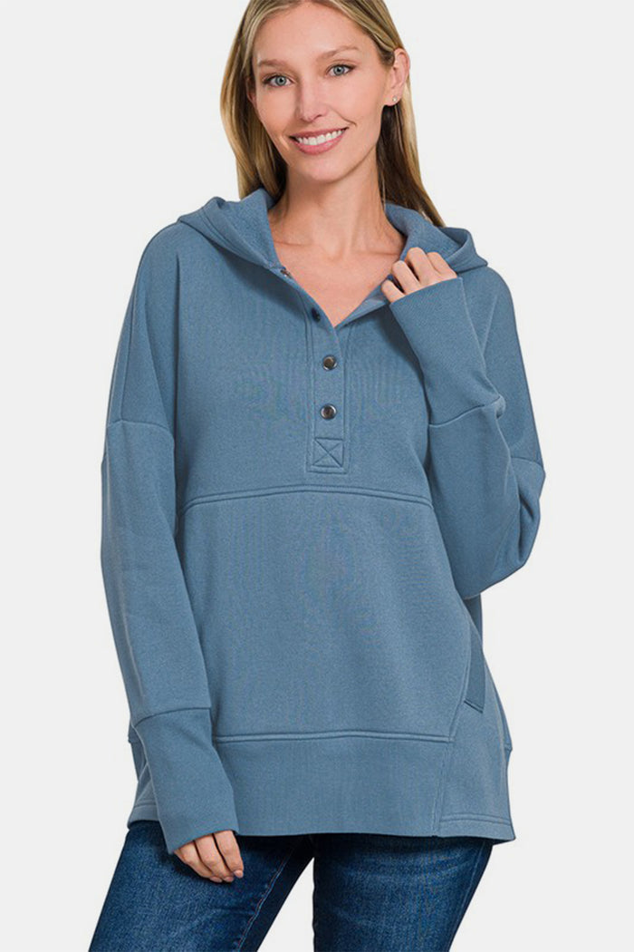 Hazel Blues® |  Zenana Half Snap Long Sleeve Hoodie with Kangaroo Pocket