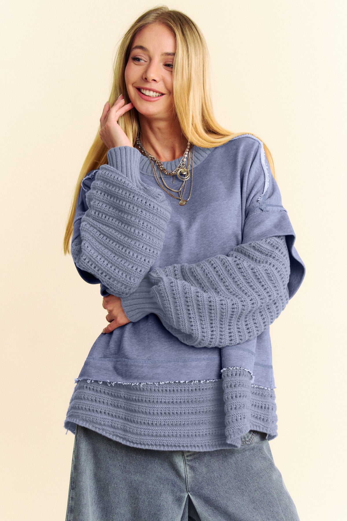 Hazel Blues® |  Davi & Dani Faux Layered Round Neck Sweater