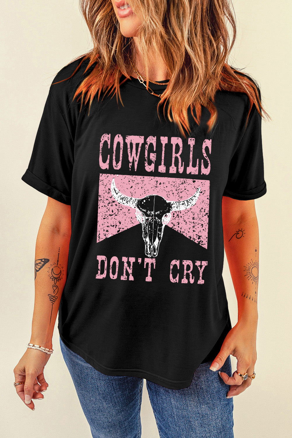 Hazel Blues® |  Black COWGIRL DONT CRY Steer Head Print Short Sleeve Top