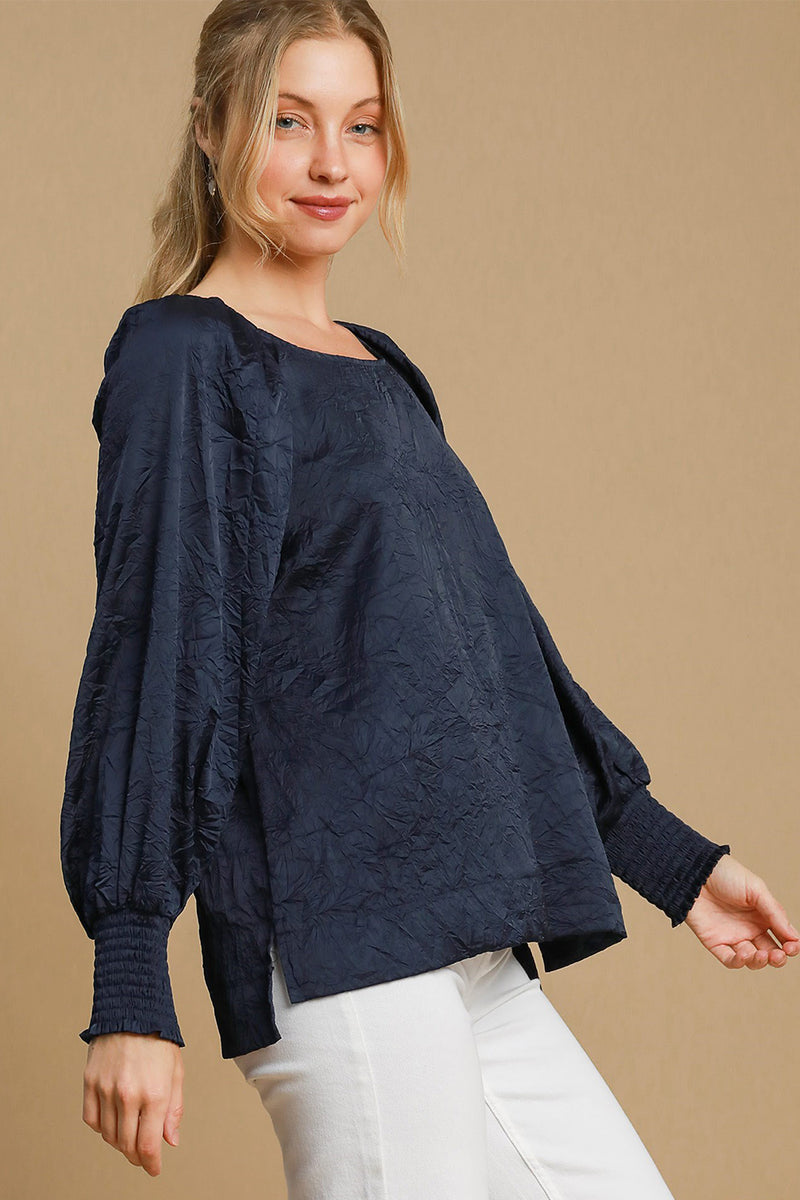 Hazel Blues® |  Umgee Wrinkled Round Neck Lantern Sleeve Blouse