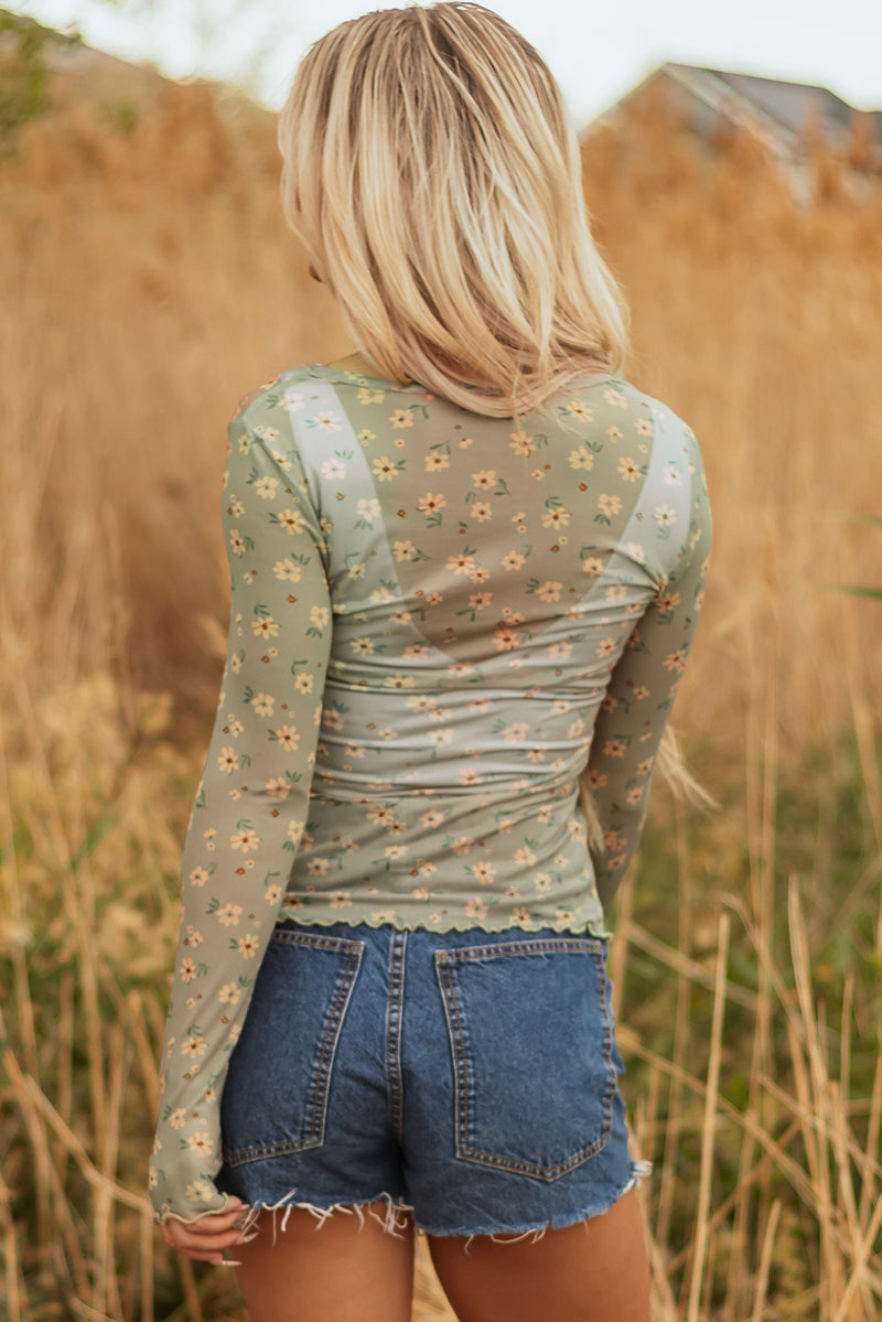 Hazel Blues® |  Laurel Green Vintage Floral Print Southern Style Mesh Long Sleeve Top