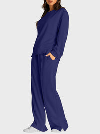 Hazel Blues® |  Round Neck Long Sleeve Top and Slit Pants Set