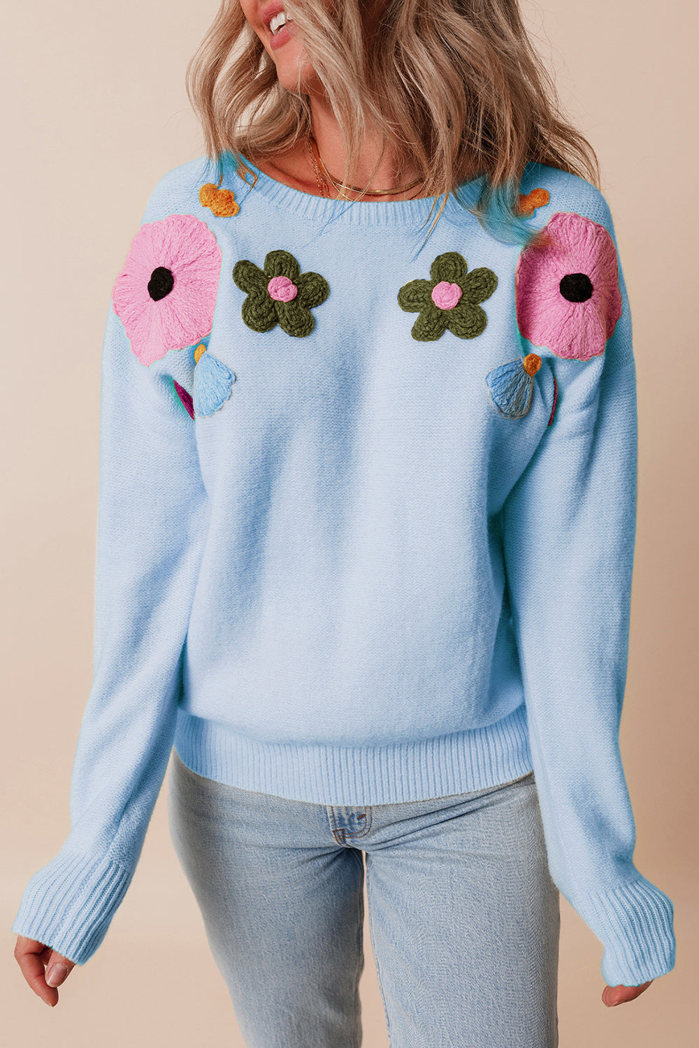 Hazel Blues® |  Crochet Flower Round Neck Dropped Shoulder Sweater