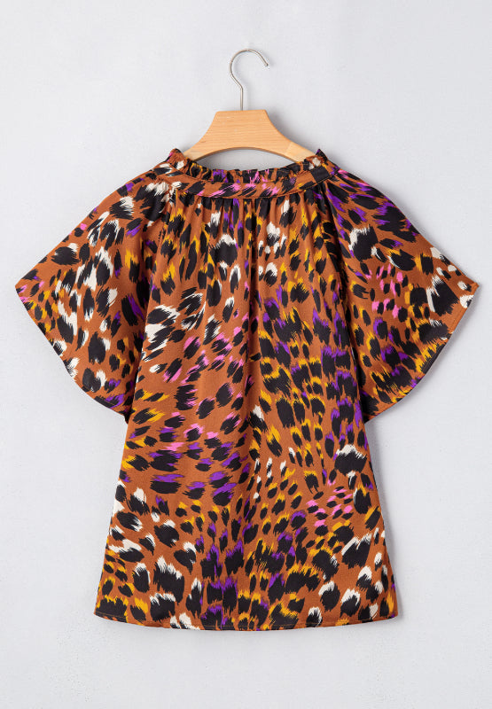 Hazel Blues® |  Leopard Notched Short Sleeve Blouse