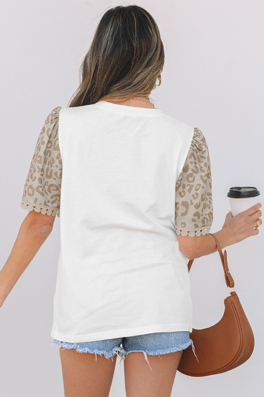 White Leopard Patchwork Crochet Lace-Trim Puff-Sleeve T-Shirt
