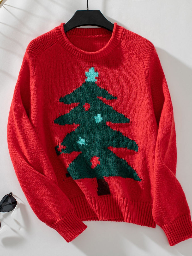 Hazel Blues® |  Christmas Tree Round Neck Raglan Sleeve Sweater