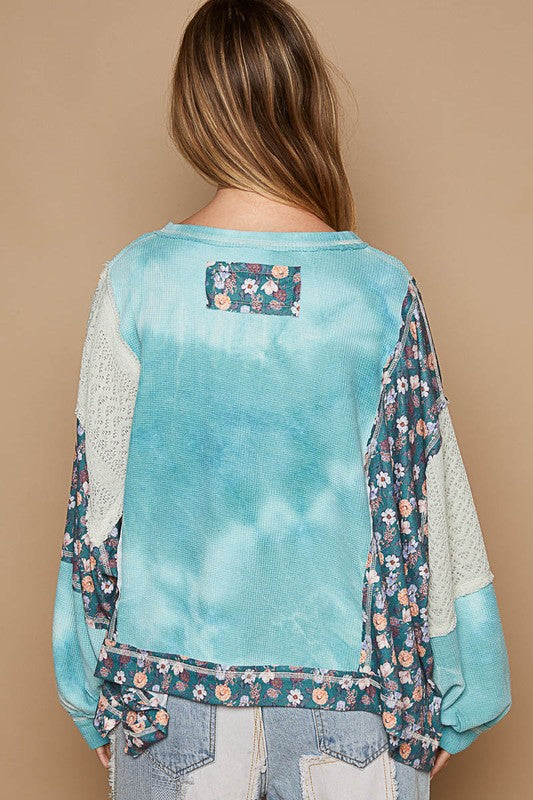 Hazel Blues® |  POL Floral Patchwork Round Neck Knit Top