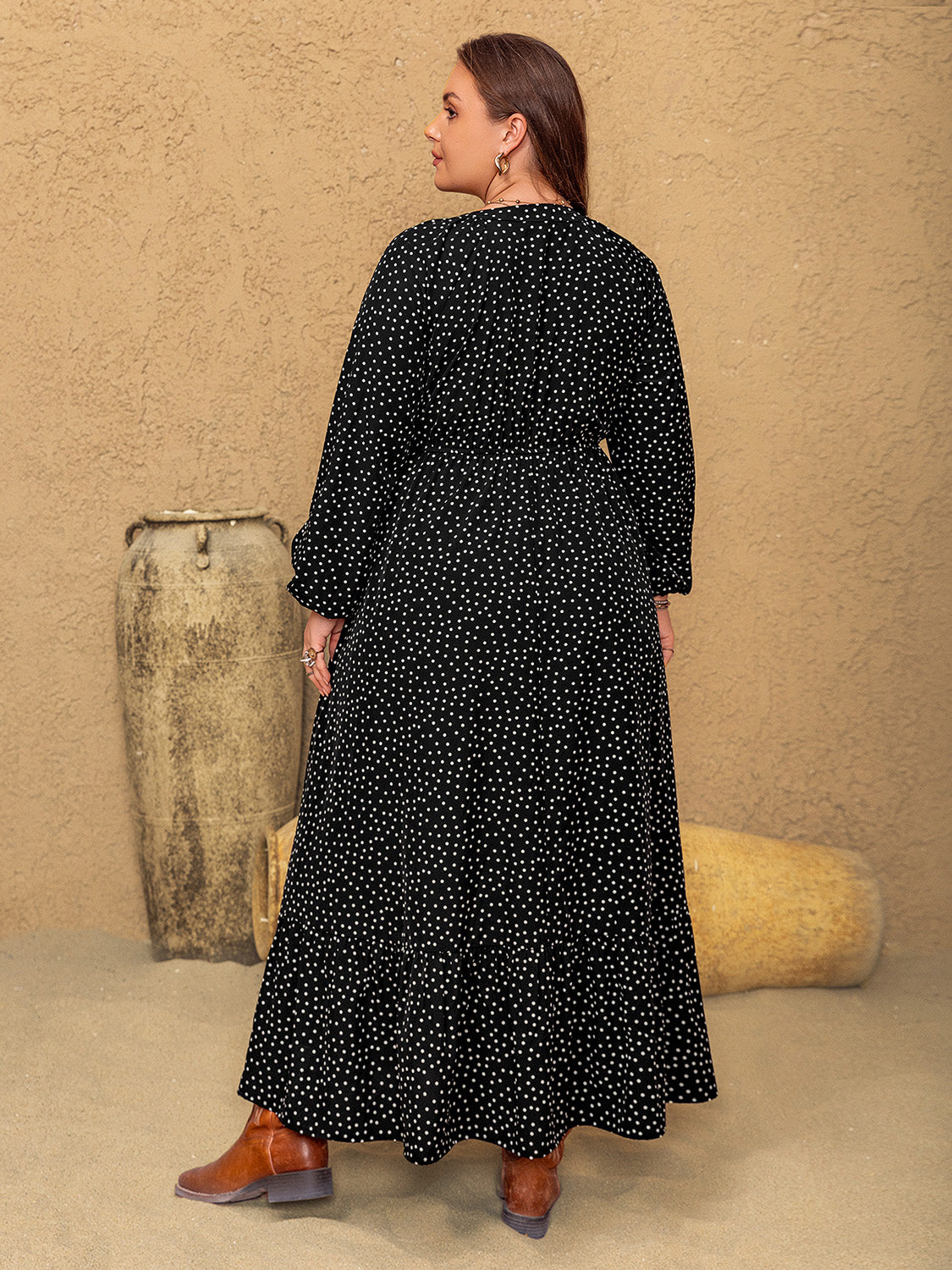 Hazel Blues® |  Embroidered Polka Dot Notched Long Sleeve Dress