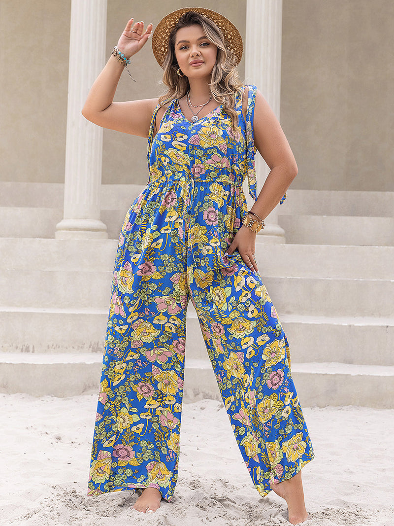 Hazel Blues® | Printed V-Neck Wide Leg Jumpsuit