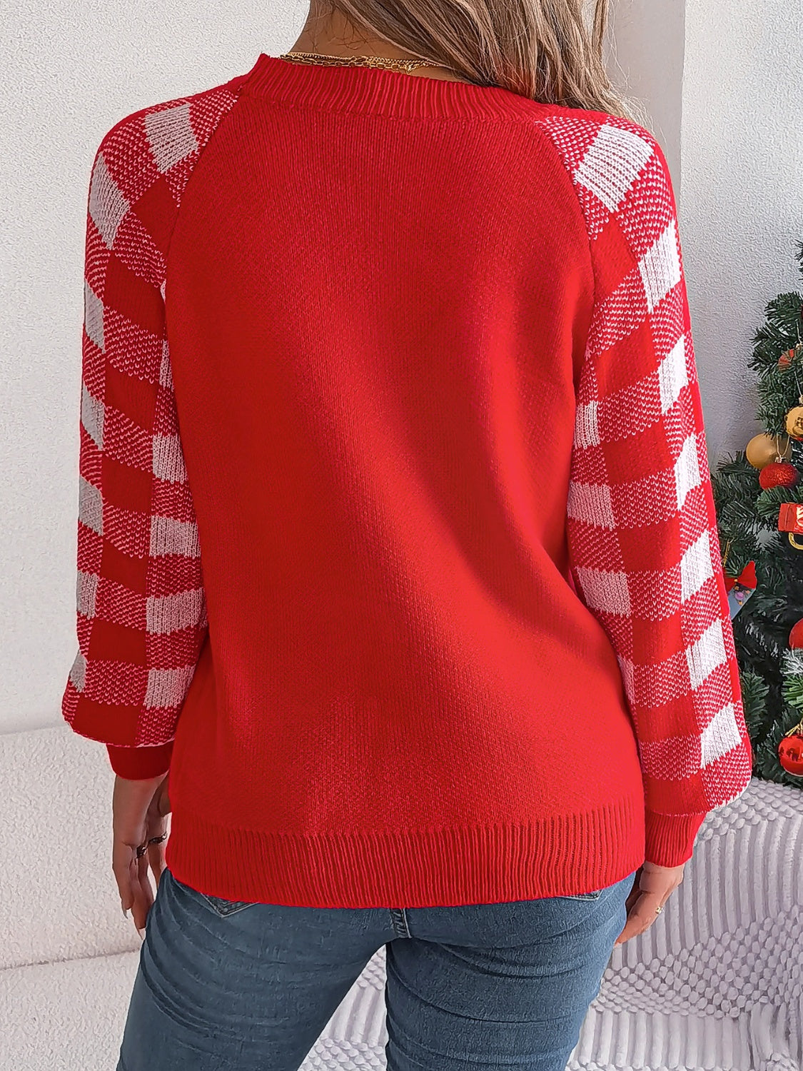 Hazel Blues® |  Reindeer Plaid Round Neck Long Sleeve Sweater