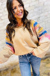Hazel Blues® |  Light French Beige Aztec Patchwork Raglan Pullover Sweatshirt