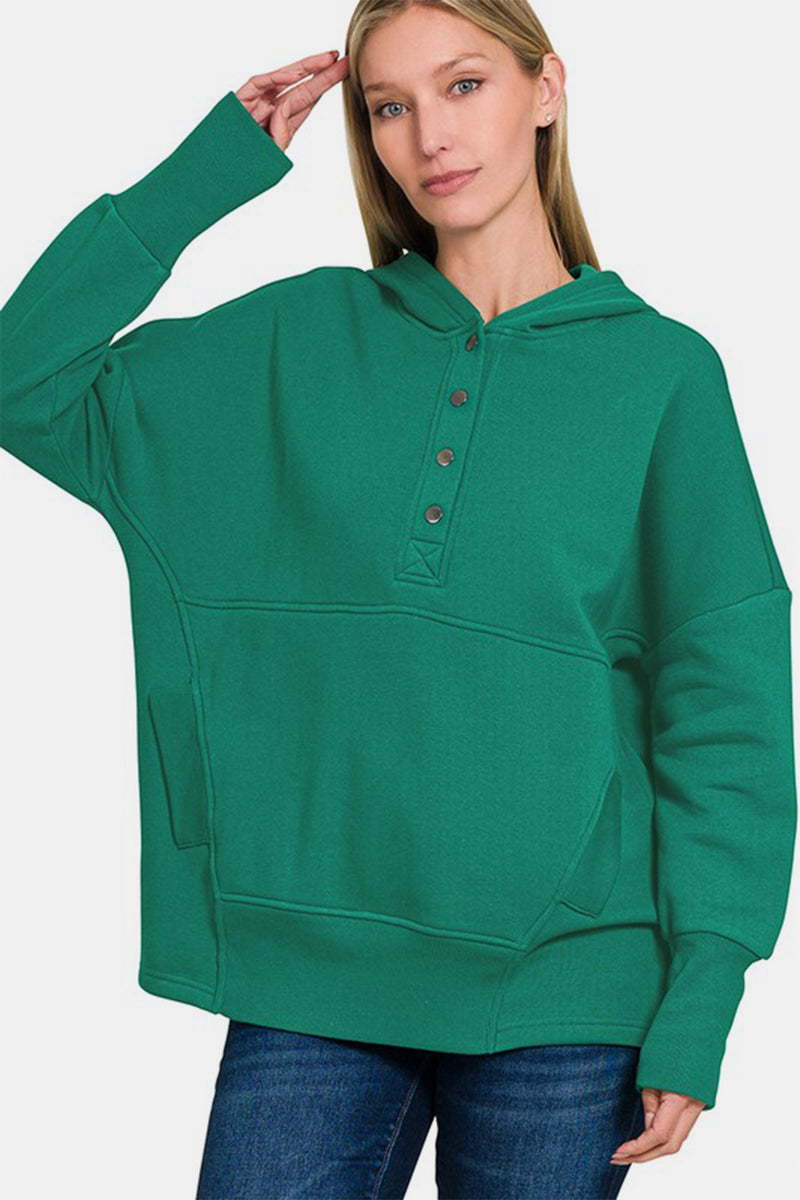 Hazel Blues® |  Zenana Half Snap Long Sleeve Hoodie with Kangaroo Pocket