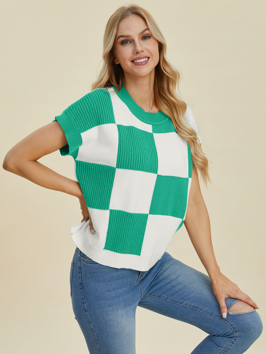 Hazel Blues® |  Double Take Checkered Round Neck Short Sleeve Sweater