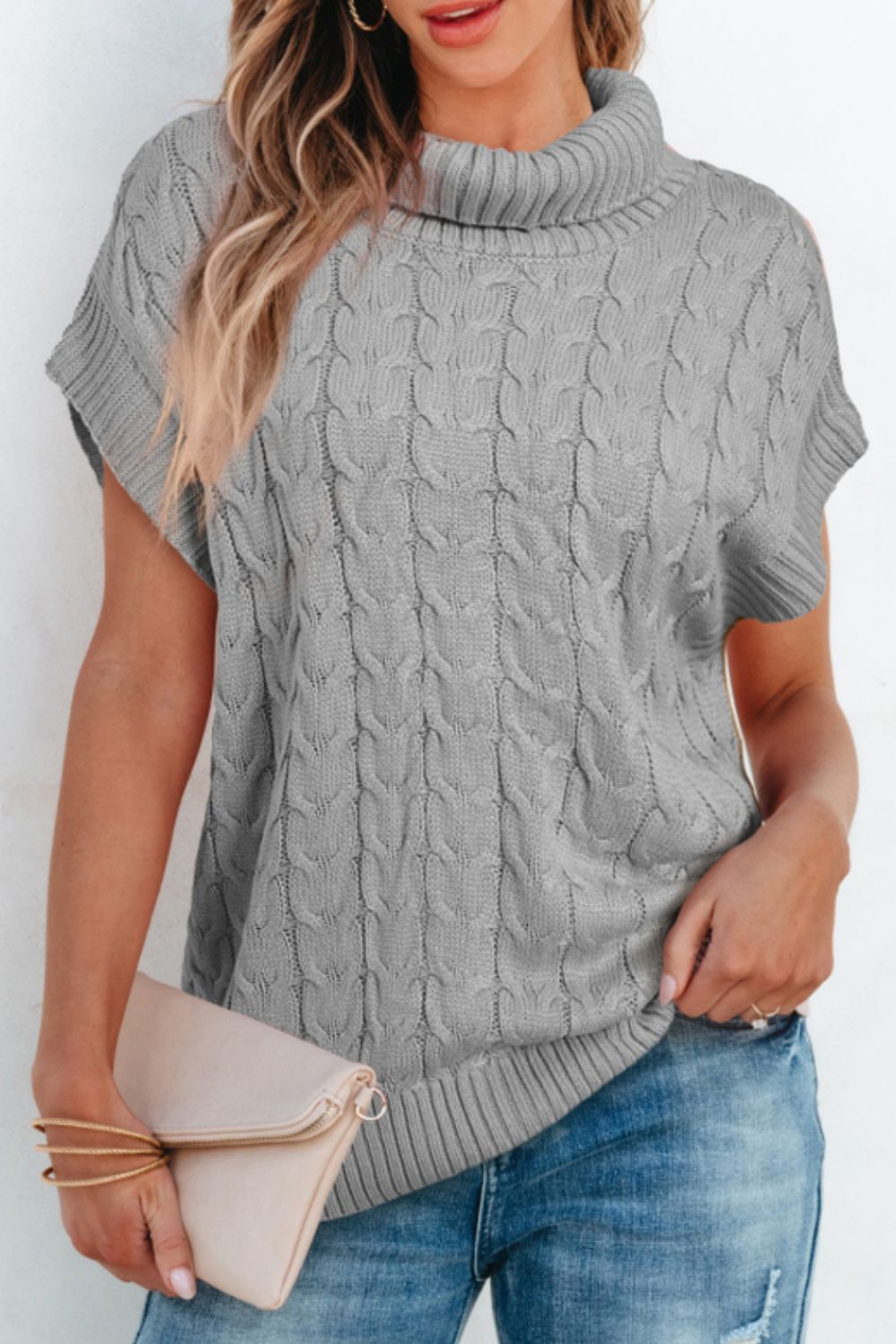 Hazel Blues® |  Cable Knit Turtleneck Short Sleeve Sweater