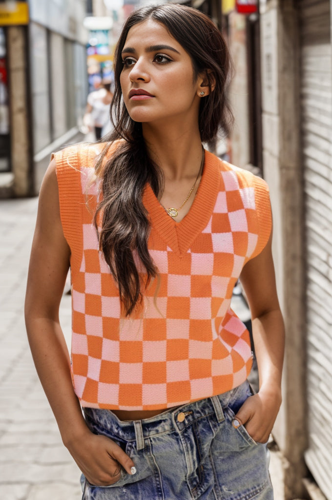 Hazel Blues® |  Checkered V-Neck Sweater Vest