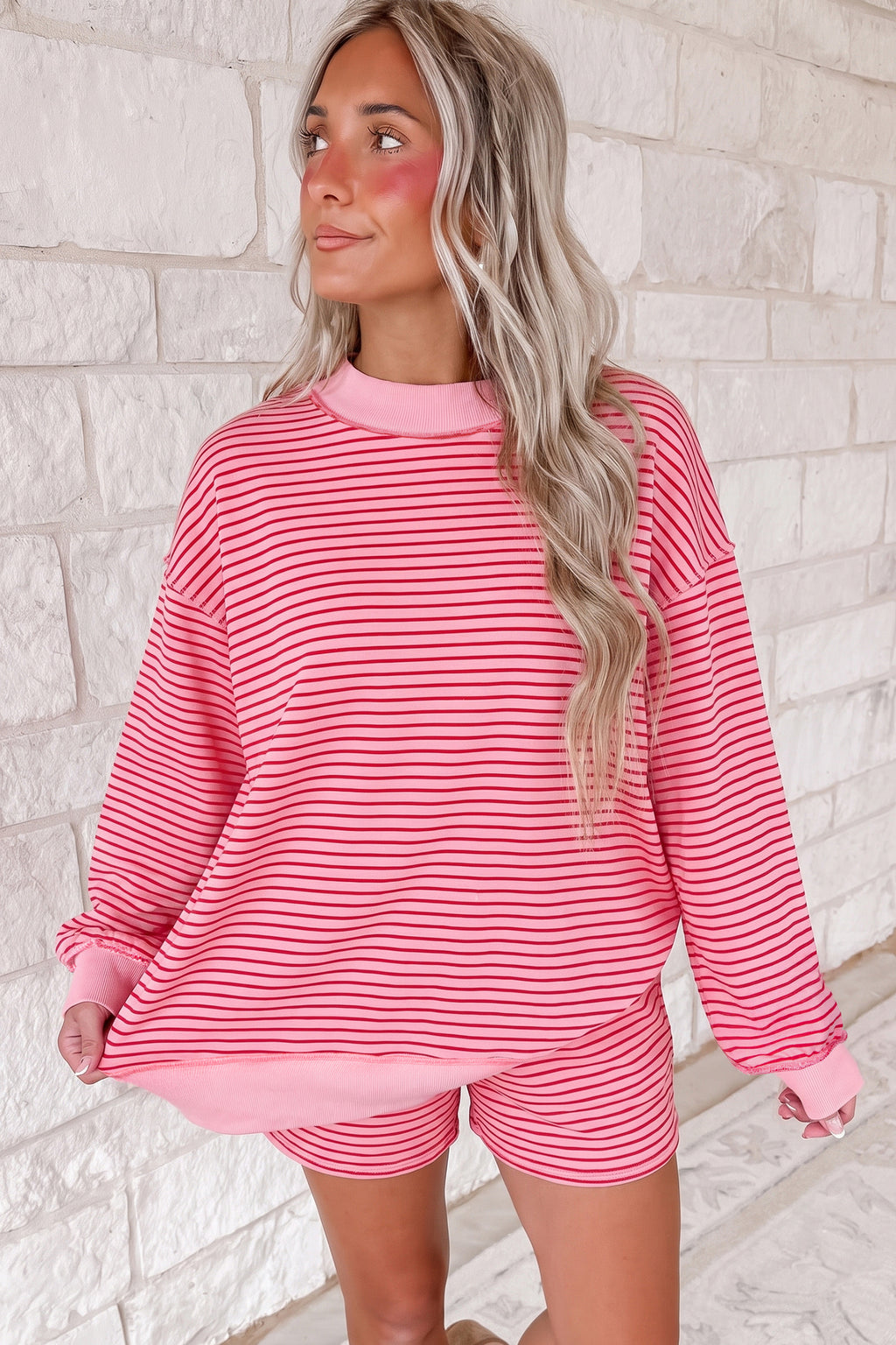 Pink Horizon Striped Oversized Short Set