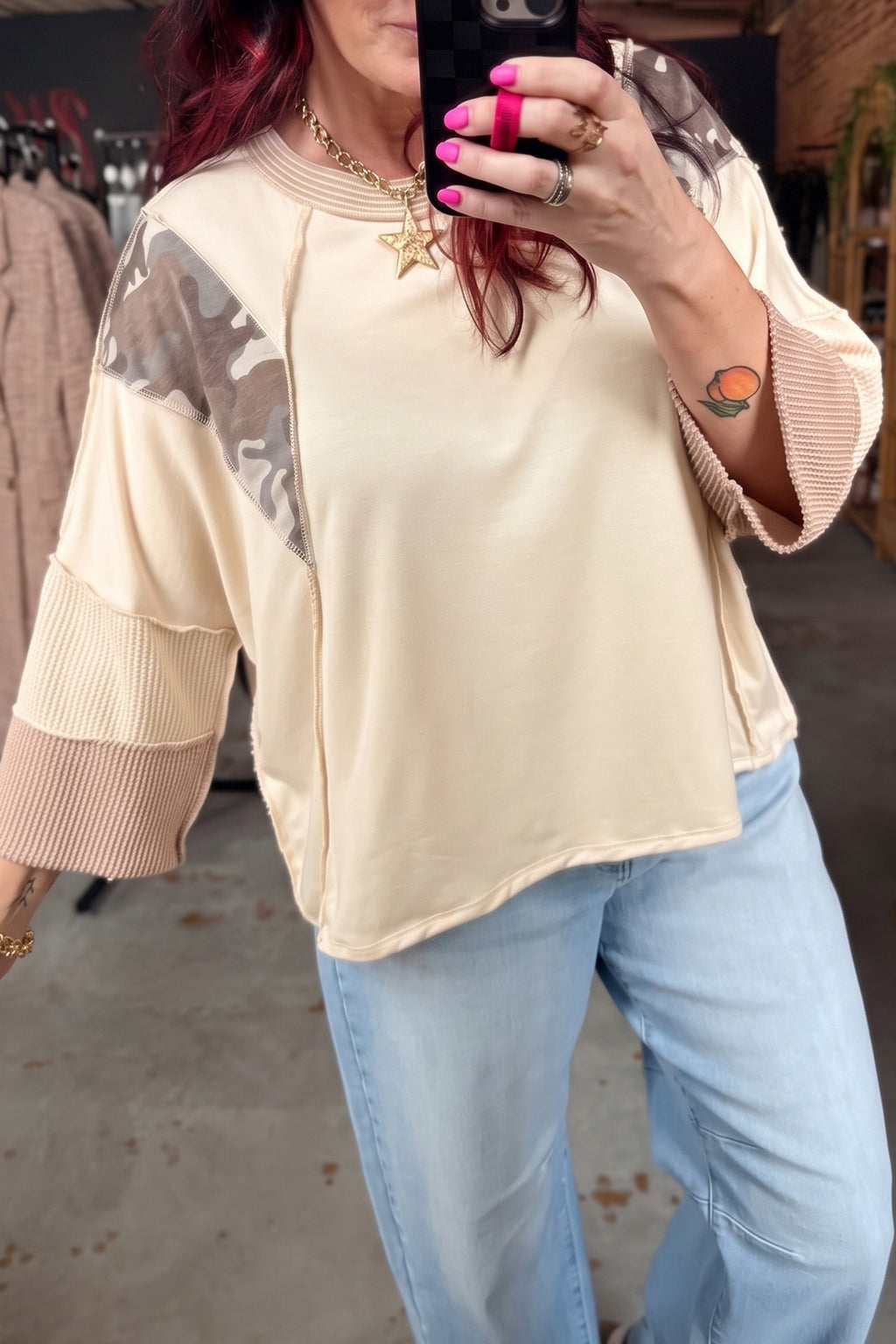 Hazel Noelle Beige Camo Twist Rib Top