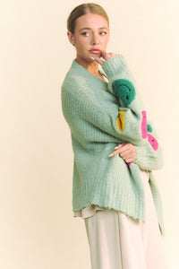 Hazel Blues® |  Davi & Dani Fuzzy Smile Open Front Long Sleeve Cardigan