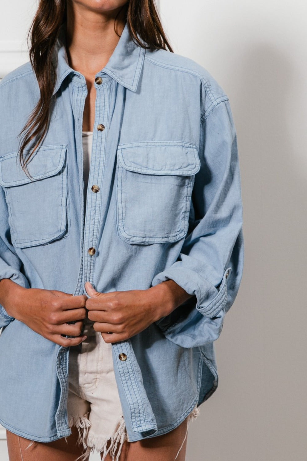 Hazel Blues® |  BiBi Button Down Stitch Detail Shirt with Chest Pockets