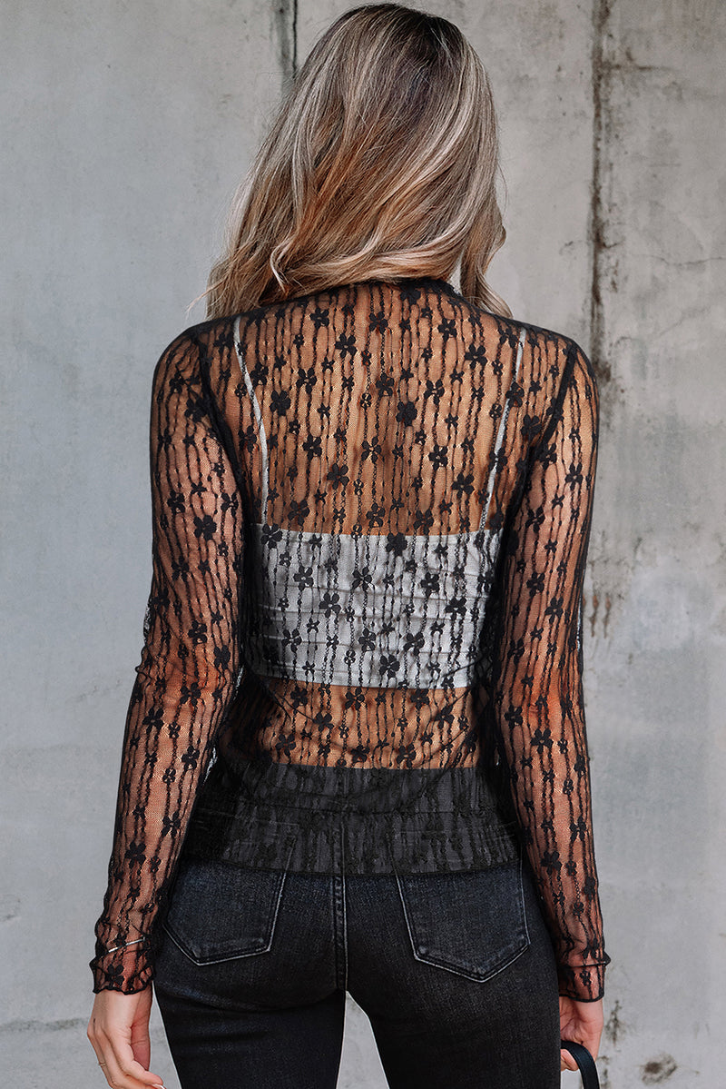 Hazel Blues® |  Ashleigh Blue Sheer Floral Lace Long Sleeve Slim Fit Top