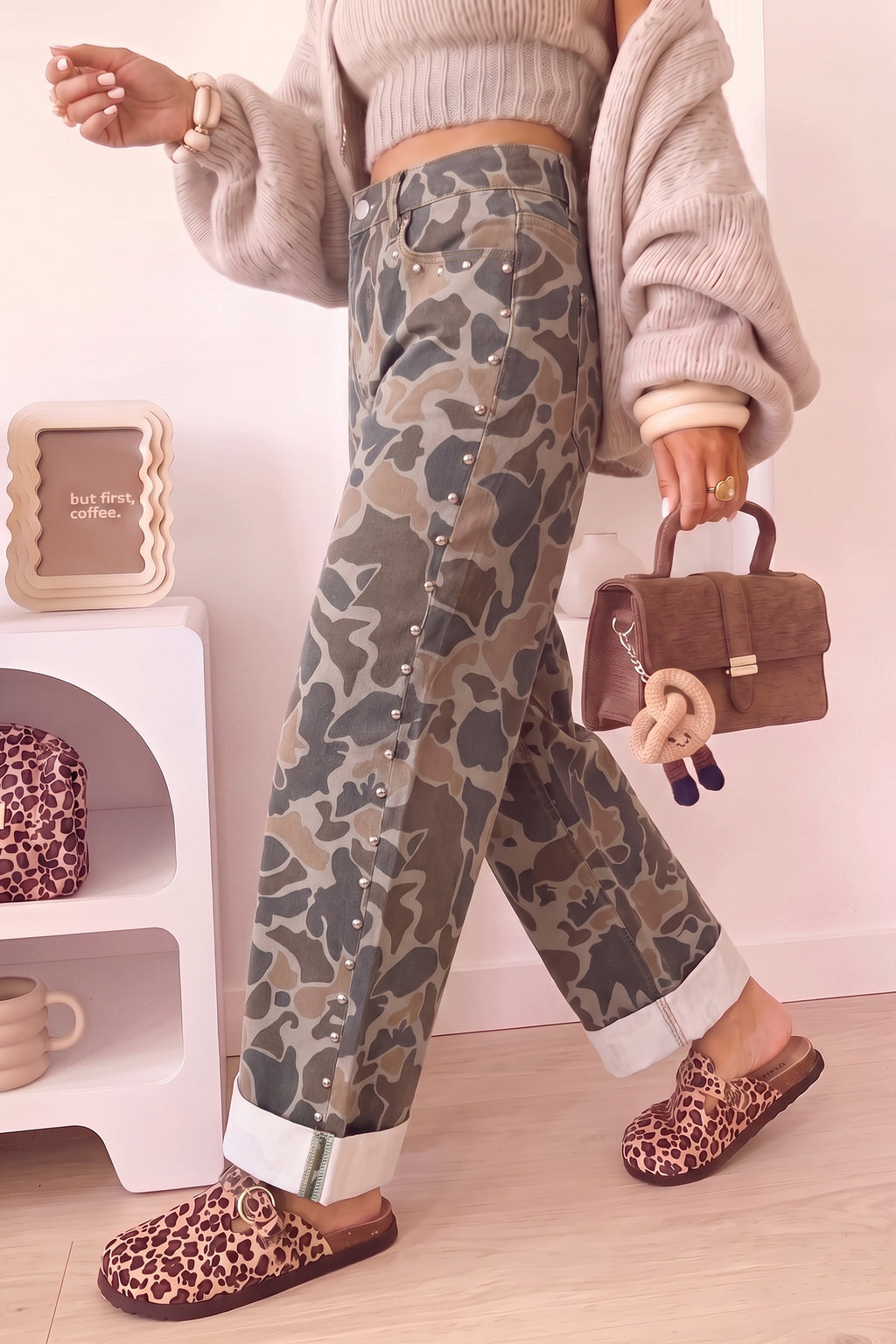 Studded Camo Straight-Leg Jeans