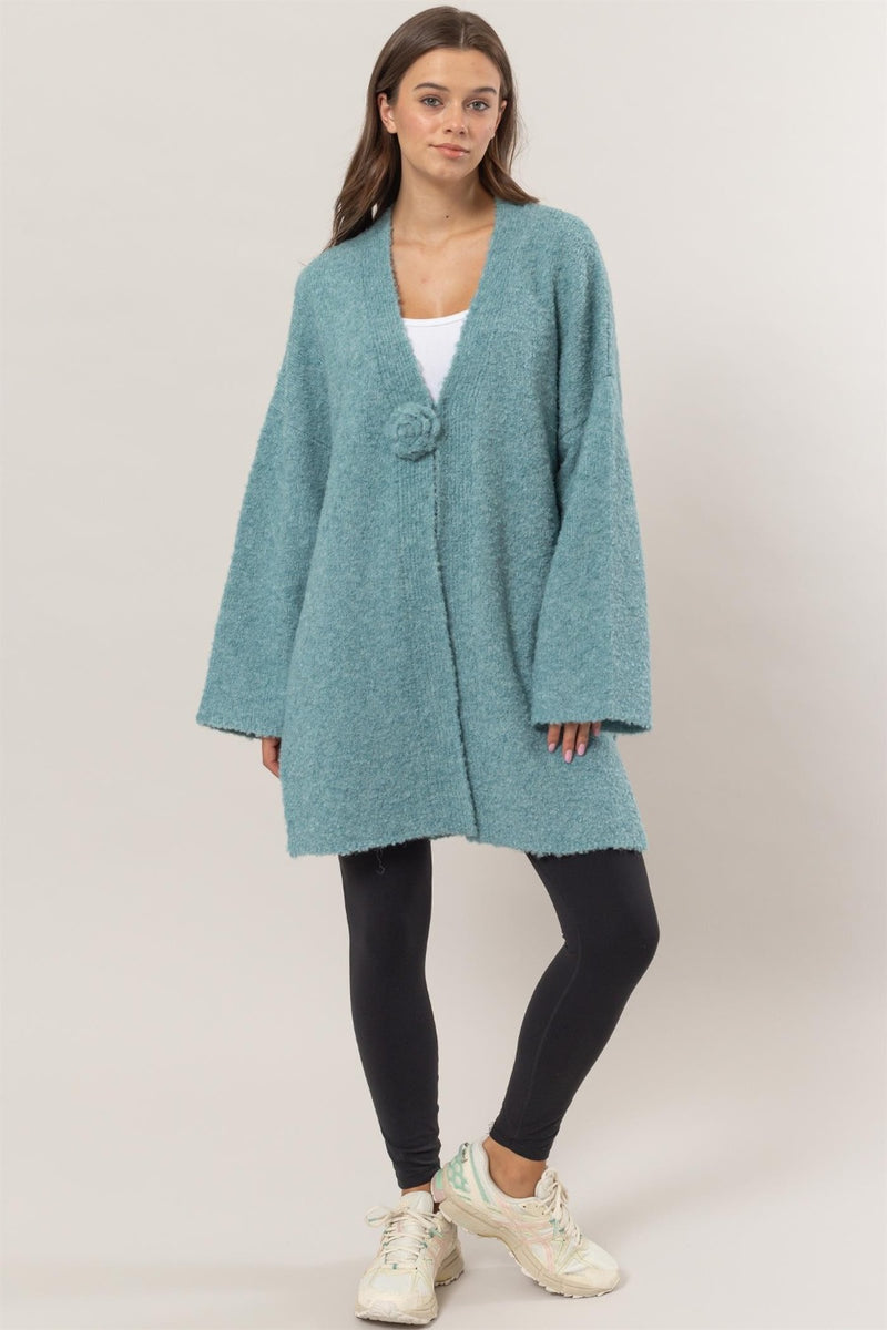 Hazel Blues® |  HYFVE Front Rosette Longline Slit Sweater Cardigan