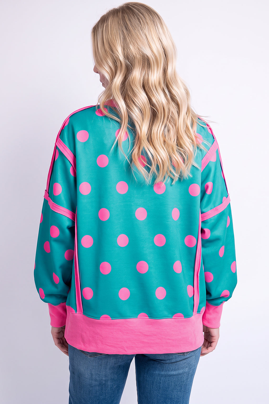 Blue Polka Dot Contrast Patchwork Round Neck Baggy Sweatshirt